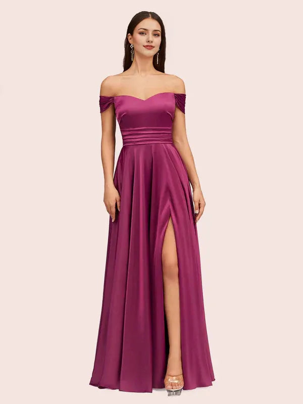 Robe de soirée sexy en satin plissé, épaules dénudées, fente latérale, coupe trapèze, longue et douce